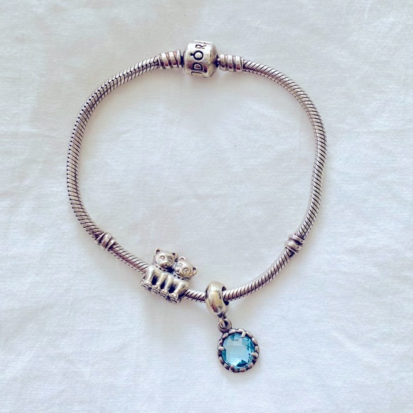Pandora Bracelet with Blue Sapphire and Kitten Charms - Picture 1 of 6